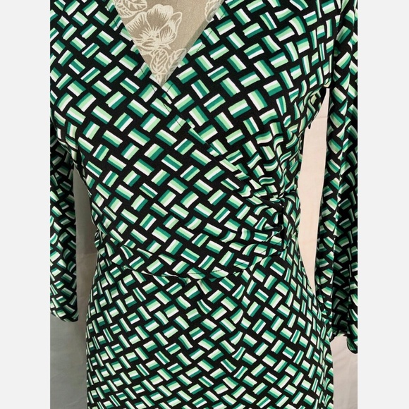 Ann Taylor LOFT Green Black Weave Print Knit 3/4 Sleeve Casual Poly Knit Dress~0 - Picture 6 of 12